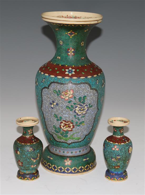 A Japanese cloisonne and earthenware vase, 38cm and a pair of similar vases, H.14cm